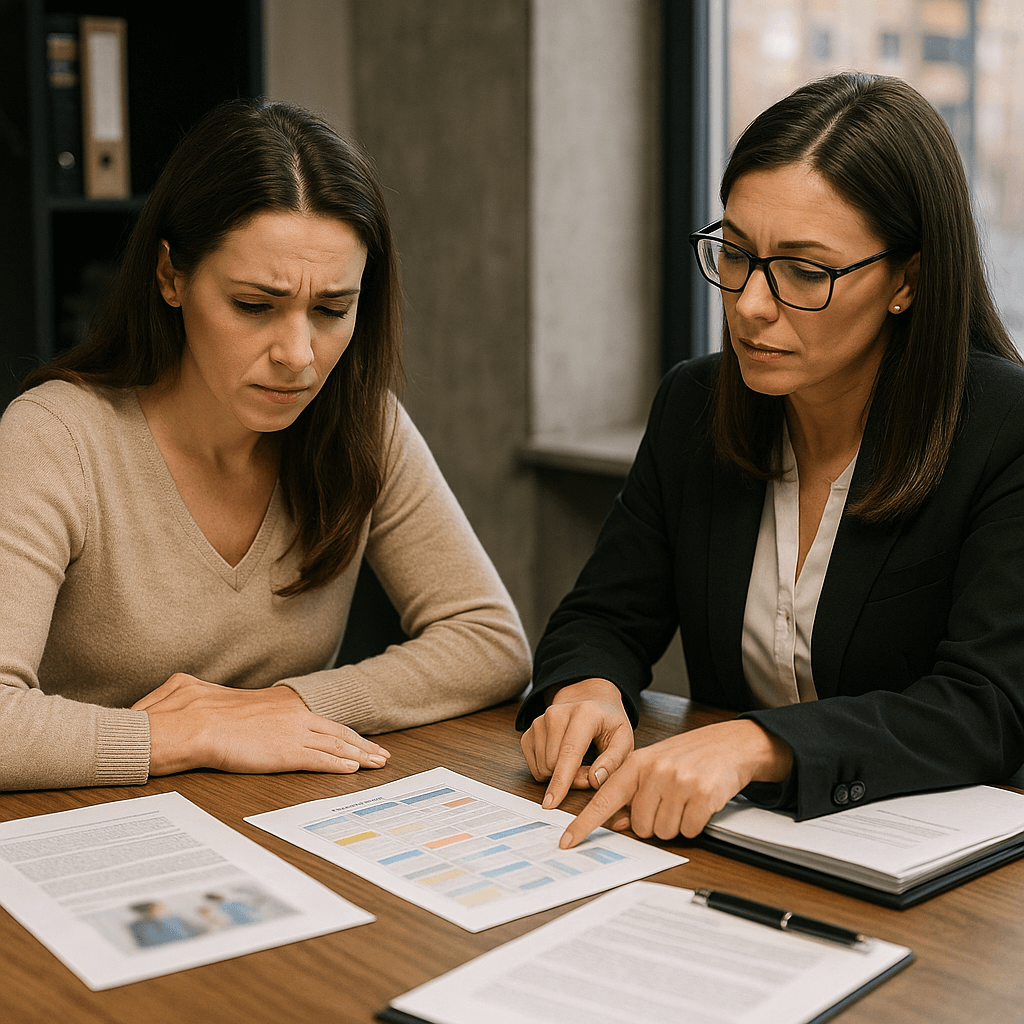 Abogado y su cliente mirando papeles del caso